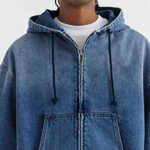 Sweat à capuche en jean pour homme avec logo personnalisé, délavage bleu vintage, brodé, poche kangourou, coupe oversize, décontracté, hiver, 100% coton - Product Image 5