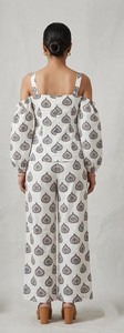 White Printed Co-Ord <b>Set</b> for Women Cold Shoulder Top and Wide Leg Pants Cotton Lounge <b>Set</b> Matching Summer Outfit Resort - Product Image 3