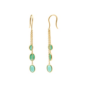 Pendientes de Cadena con 3 Piedras de Esmeralda Ovalada Natural en Oro Amarillo de 14k, Joyas Memoria, Venta al Por Mayor - Product Image 4