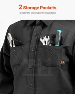 เสื้อเชิ้ตทำงานป้องกันไฟไหม้สำหรับมืออาชีพ ทรงปกติ สีดำ ป้าย FR ทนความร้อน 300C-500C พร้อมกระเป๋าเสื้อที่อก - Product Image 2