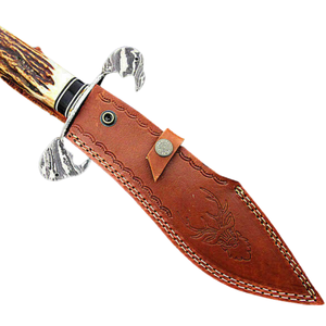 Couteau Bowie artisanal en acier Damas avec manche en corne de cerf brun naturel, lame à motifs, garde-métal et étui en cuir brun - Product Image 2