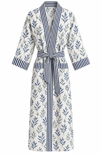 Robe kimono florale pour femme, col en V, manches trois quarts, peignoir avec bordure rayée et ceinture à nouer - Product Image 2