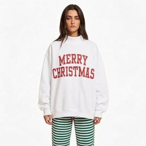 <b>Women's</b> White Mock Neck <b>Sweatshirt</b> Red Merry <b>Christmas</b> Letter Print Drop Shoulder Long Sleeve Casual Top For <b>Women</b> - Product Image 1