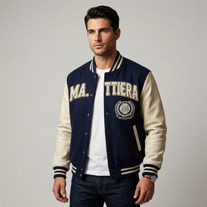 <b>Men</b> Navy Blue Letterman Jacket Wool Body <b>Leather</b> Sleeves Embroidered <b>Bomber</b> Jacket Custom OEM ODM Wholesale - Product Image 3