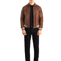 Blouson aviateur en cuir véritable marron pour homme, coupe ajustée, col rabattu, fermeture éclair, vêtement d'automne