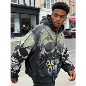 Nueva Sudadera con Capucha para Hombre, Diseño Personalizado OEM, Estampado Digital con Diseño de Calavera, Cierre de Cremallera, Estilo Urbano, Tejido Grueso de 400 GSM, Efecto Desgastado - Product Image 2