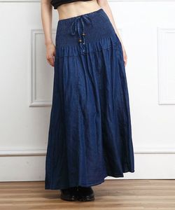 Jupe longue en jean taille haute coupe trapèze pour femme, style décontracté uni délavé avec poches, coupe ample, mode printemps - Product Image 3