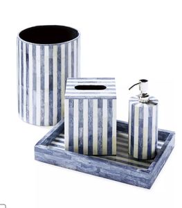 Blue <b>White</b> Striped <b>Bathroom</b> <b>Set</b> Resin & Bone Four Piece Natural Shell Tray Soap Dispenser Tissue Box Toothbrush Holder <b>Set</b> - Product Image 1
