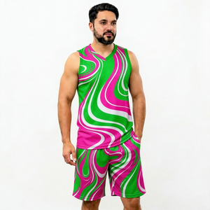 Men's Green Pink White Swirl Print Tank Top And Shorts <b>Set</b> V-Neck Quick Dry <b>Knitted</b> Polyester Sporty Summer Outfit - Product Image 1