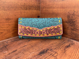 กระเป๋าสตางค์หนังลายนูนแกะสลักด้วยมือสีเทอร์ควอยซ์ทำมือมีสไตล์ใหม่ & คลัทช์หนังแท้พับได้หลายแบบสำหรับผู้หญิง - Product Image 2