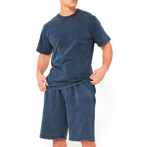 High quality Wholesale <b>Knitted</b> Breathable Acid washed Casual Men's Short Sleeve T-Shirt and Shorts <b>Set</b> New Arrival - Product Image 1