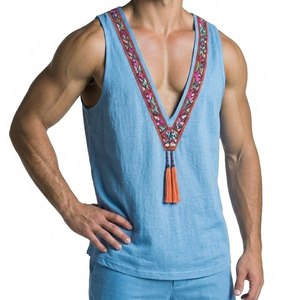 Men's Wholesale Deep V-Neck Sleeveless Shirts Ethnic Embroidery Tassel Tank <b>Top</b> Customizable Boho Style Beach Vacation Tank <b>Tops</b> - Product Image 4