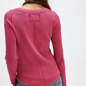 Camiseta de Punto Personalizada para Mujer, Manga Larga, Cuello Redondo, Color Rosa, Corte Holgado Informal, 100% Algodón, Color Sólido, Transpirable - Product Image 2