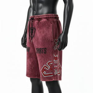 Shorts en molleton de coton premium 340 GSM, effet délavé, bordeaux, détail logo strass, pour homme - Product Image 3