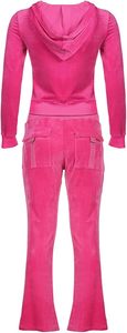 <b>Women</b> Pink Hooded Zip Up <b>Tracksuit</b> Set Long Sleeve Two Piece Casual Outfit with Drawstring Flare Pants OEM Winter Wear - Product Image 2