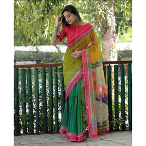 Ropa de fiesta amarilla y roja Saree de impresión digital de lino - Product Image 2