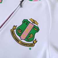 Blouson universitaire unisexe en polaire blanc avec broderie chenille rose et verte, style grec, en coton premium, fermeture éclair