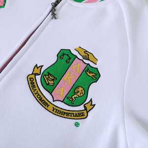 Veste universitaire AKA en polaire blanche unisexe, broderie chenille rose et verte, style grec, coton premium, fermeture éclair - Product Image 3