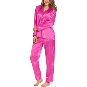 Women's <b>Pink</b> Satin Long Sleeve <b>Pajama</b> Set Full Length Button Front Sleepwear Elegant Smooth 100% <b>Silk</b> Material - Product Image 1