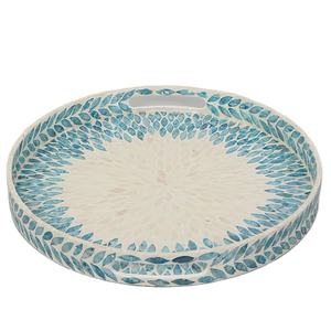 Bandeja de Servicio Redonda de Nácar Hecha a Mano con Ratán, Borde Bajo, Diseño Azul, Venta al por Mayor para Cocina y Mesa de Comedor - Product Image 1