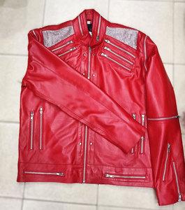 Premium Genuine Sheepskin Red <b>Leather</b> Winter Biker <b>Jacket</b> <b>Men</b> Detachable Sleeves Stand Collar Multi Zipper Front MJ <b>Leather</b> - Product Image 4