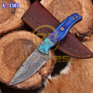 Cuchillo de Caza de Hoja Fija de Acero de Damasco, Punta Caída, Mango Azul con Incrustaciones de Turquesa, Funda de Cuero X-1307 - Product Image 2