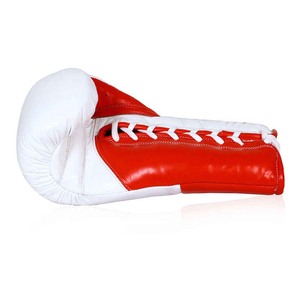 Gants de boxe en cuir blanc et rouge durables à lacets pour compétition de combat au ring, personnalisables avec logo OEM, pour le kick-boxing et les arts martiaux - Product Image 3