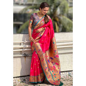 Sari en soie Paithani Elite Weaves rose Chandrakor Swan Yeola avec contraste Zari tissé, vêtements indiens et pakistanais - Product Image 4