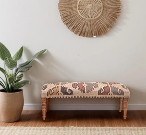 Handmade Modern Kilim Jute Rug <b>Bench</b> Ottoman Turkish Inspired Upholstered <b>Wooden</b> Seat Bedroom Entryway Furniture Decor - Product Image 1