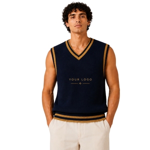 <b>Mens</b> Navy Blue Mustard Contrast Stripe Summer Knit Sweater Vest V Neck <b>Sleeveless</b> <b>Pullover</b> Casual Lightweight Custom Logo OEM - Product Image 1