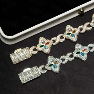 Collier tendance en or blanc avec moissanite et maillons en forme de cœur, chaîne à breloques en pierres colorées, plaqué rhodium, unisexe - Product Image 6