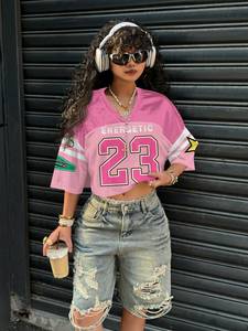 Y2K American Football Jersey Pink Rhinestone <b>Crop</b> <b>Top</b> Women <b>Sequins</b> Personalized Custom Mesh Glitter Varsity Sports Teamwear - Product Image 6