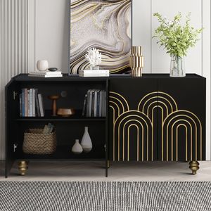 Aparador Moderno con Ranuras Decorativas y Estantes Ajustables, Mueble de Almacenamiento de 4 Puertas con Líneas Elegantes y Elementos Curvos para Sala de Estar - Product Image 3
