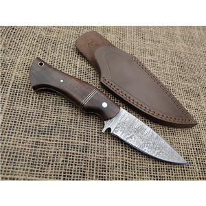 Couteau à lame fixe en acier Damas fait main avec manche en bois et étui en cuir pour activités de plein air et usage utilitaire - Product Image 1