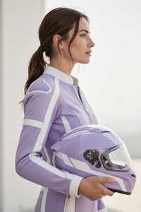 Combinaison de course moto une pièce pour femme en cuir violet et blanc, à blocs de couleur, manches longues - Product Image 5