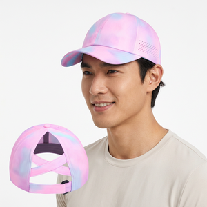 Casquette de baseball rose tie-dye à 6 panneaux en maille, réglable et respirante, pour activités sportives en extérieur, printemps-été, unisexe adulte - Product Image 3