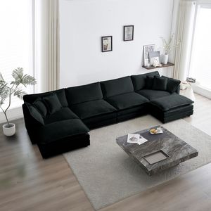 Divano Sezionale a U Reversibile Grande e Confortevole in Ciniglia Nera per Soggiorno con Doppi Pouf Extra - Product Image 1