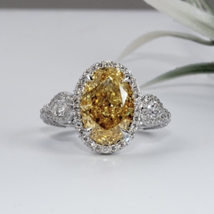 Canary Yellow Oval Cut Lab Grown Diamond Gold Engagement Ring Luxury Pave Halo Pear Side Stone Wedding Bridal Women - Product Image 1