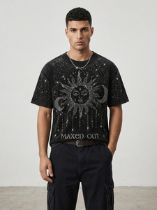 T-shirt Homme Oversize Coton Lourd Noir Délavé avec Motif Strass Soleil et Lune, Style Streetwear Scintillant, OEM - Product Image 2
