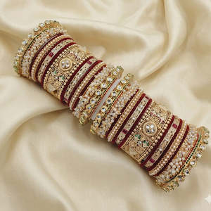 Designer Gold Plated Pearl Kundan Meenakari Velvet Chuda <b>Bangles</b> <b>Set</b> for Bridal Daily Wear - Product Image 1