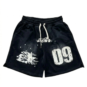 Shorts en toile personnalisés pour hommes, respirants, taille mi-haute élastique, logo vieilli, délavés à l'acide, entrejambe de 5 pouces, style décontracté urbain, très tendance - Product Image 1