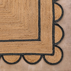 Handwoven Natural Jute <b>Rug</b> With Black Border Scalloped Edge Square Area Carpet <b>Boho</b> Floor Mat For Bedroom Living Room Decor - Product Image 5