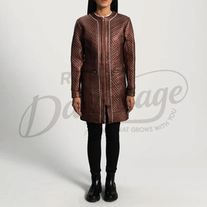 Premium Women Metallic Copper Real Leather Coat <b>Quilted</b> Diamond <b>Pattern</b> Slim Fit Sheepskin Long <b>Jacket</b> Collarless Elegant Blazer - Product Image 5