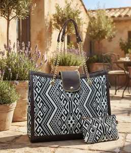 Bolso Tote de Lona Jacquard con Correa de Cadena, Bolso de Hombro con Bolsillo con Cierre, Diseño Bohemio para Uso Diario - Product Image 1