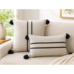 Funda de Cojín Rectangular a Rayas 100% Lino con Borlas, Funda de Almohada Decorativa Tejida Ecológica y Lavable para Sofá, Hotel y Hogar - Product Image 1