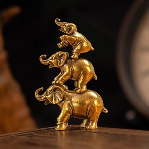 <b>Gold</b> Brass Elephant Figurine Stack Three Feng Shui Tabletop Home Decor Statue <b>Ornament</b> Heavy Duty Elephant Group Sculpture - Product Image 1