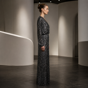 Robe de soirée noire à paillettes pour femmes |   Robe de soirée longue à manches longues et col en V, élégante, pour invitées de mariage, tenue de luxe - Product Image 3