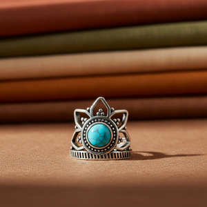JewelryTownIN Ancient Sky Hydro <b>Turquoise</b> Gemstone Crown <b>Ring</b> Silver Plated Bohemian Bezel Setting Ethnic Jewelry for Women - Product Image 4