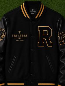 Chaqueta Varsity Premium Negra de Cuero Genuino y Poliéster/Algodón, Estilo Urbano, Cortavientos, con Parches, para Hombre, Personalizable - Product Image 6