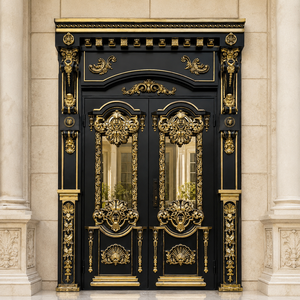 Porte d'entrée double de luxe noire et or ornée, style baroque, en métal et verre, pour villa, portail principal, entrée de manoir, design sécurisé, mobilier. - Product Image 1